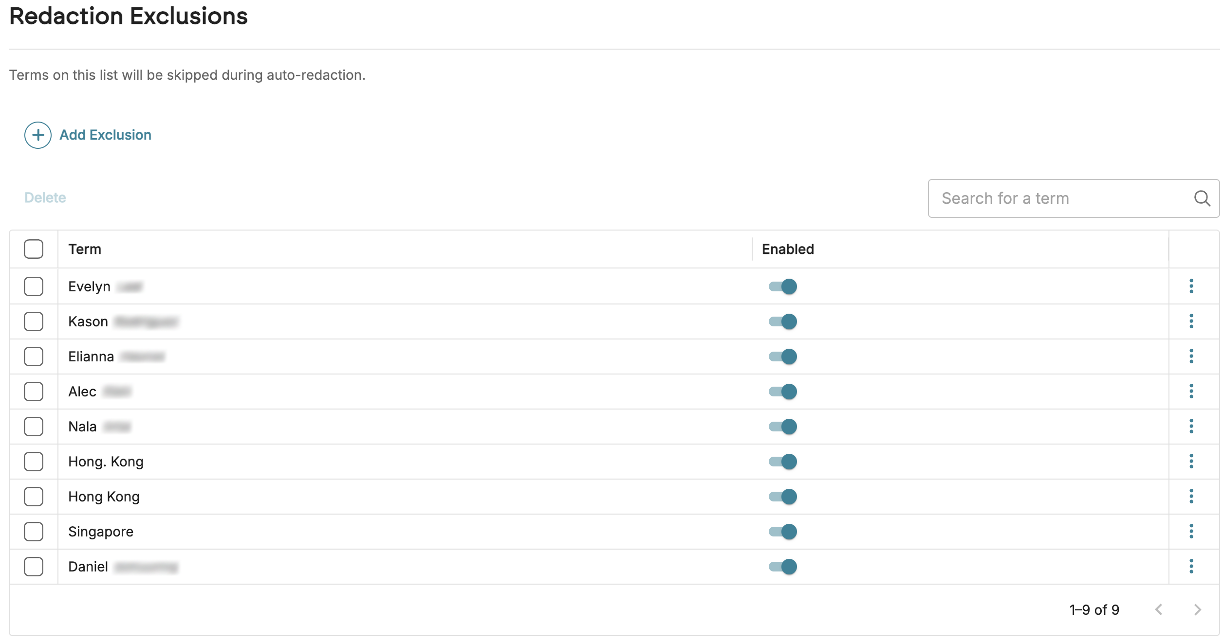 List of terms for redaction exclusions with enabled options for each entry.